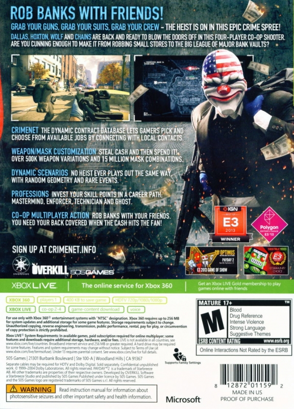 Payday 2 for Xbox 360 - Sales, Wiki, Release Dates, Review, Cheats,  Walkthrough