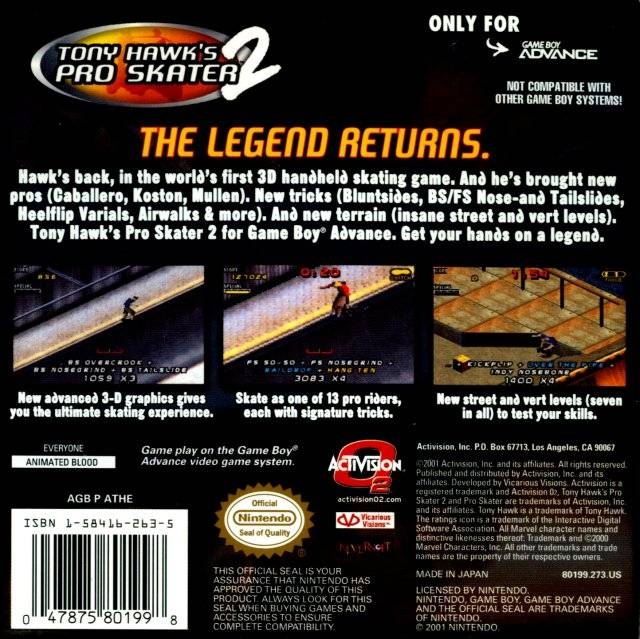 Tony Hawk's Pro Skater 2 for Game Boy Advance - Sales, Wiki, Release Dates,  Review, Cheats, Walkthrough
