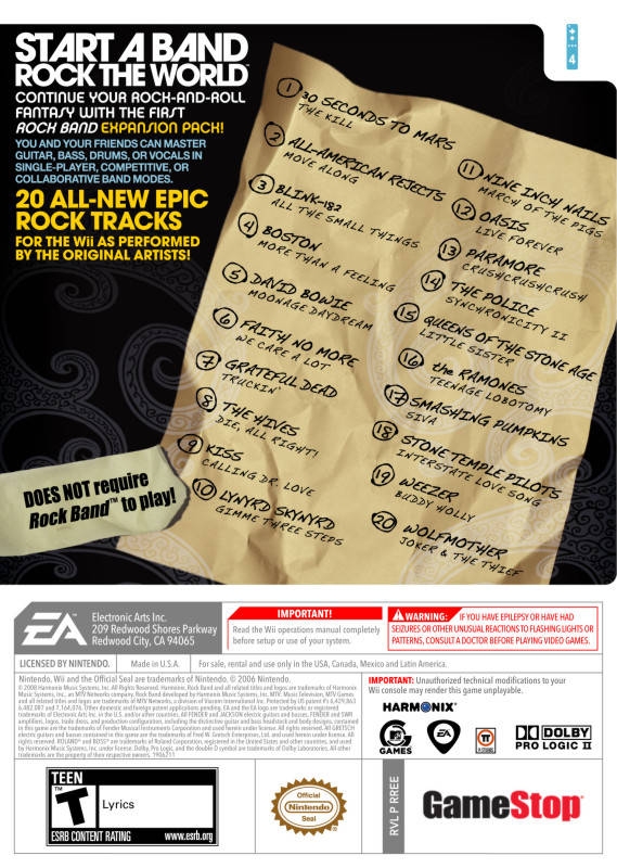 Rock Band Track Pack Volume 1 for Wii - Sales, Wiki, Release Dates, Review,  Cheats, Walkthrough