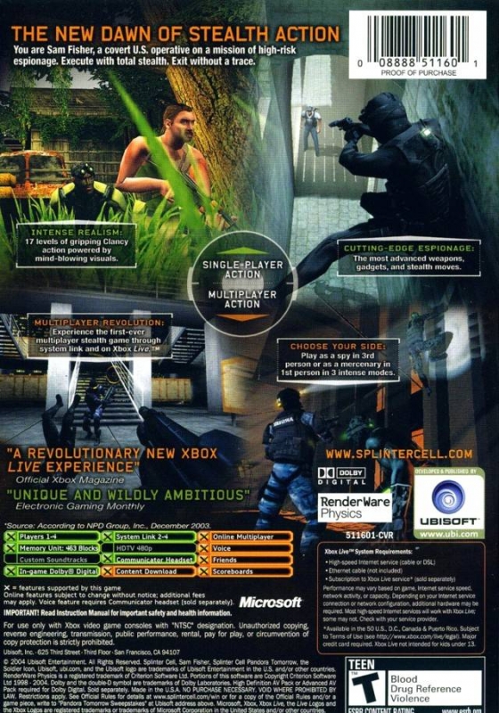 Xbox Tom Clancy's Splinter Cell: Pandora Tomorrow Games