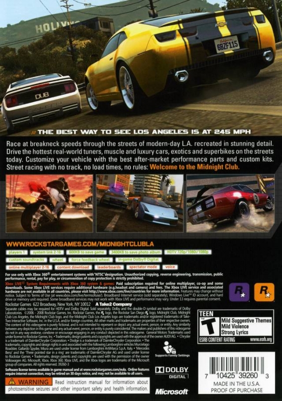 Midnight Club: Los Angeles for Xbox 360 - Summary, Story, Characters, Maps