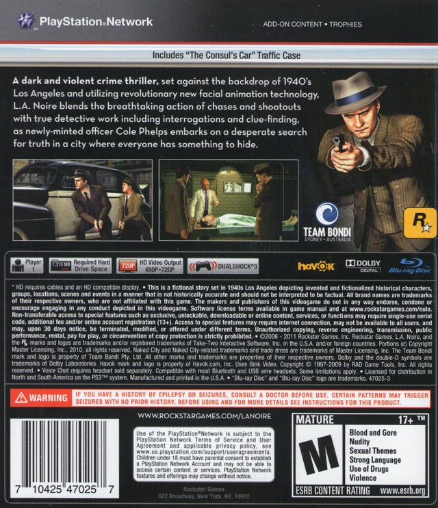 L.A. Noire for PlayStation 3 - Sales, Wiki, Release Dates, Review, Cheats,  Walkthrough